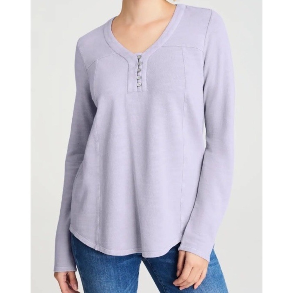 Pure Jill Tea-Dyed Henley Top In Light  Lilac L 100% Organic Cotton V Neck LS